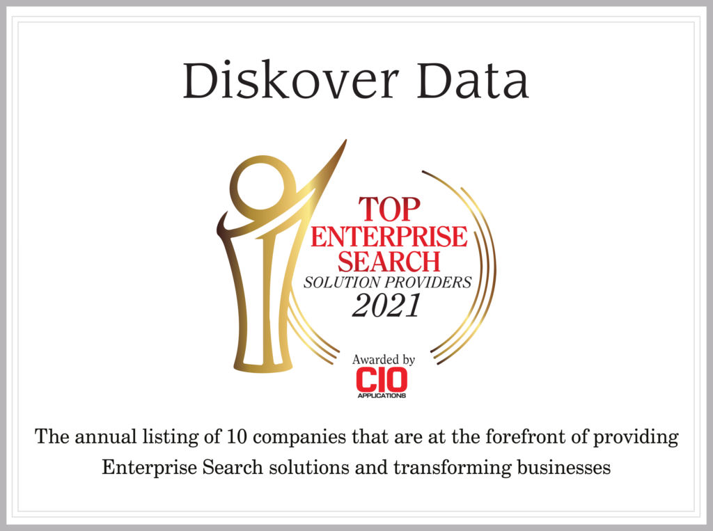 Certificate with logo of award received by Diskover Data Curation Platform and awarded by CIO Magazine for Top Enterprise Search Provider 2021