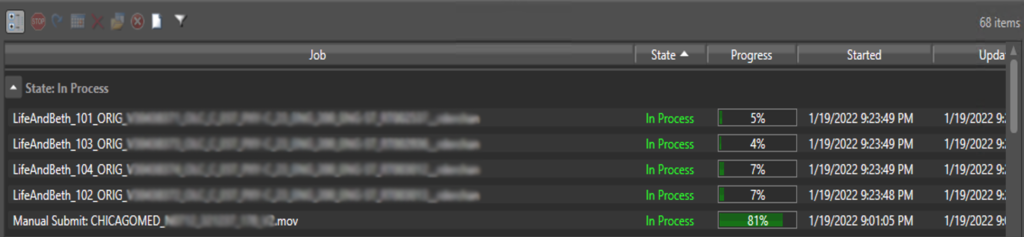Image representing the job status of files having been launched for transcoding process via the Diskover File Action > submit to Vantage plugin.