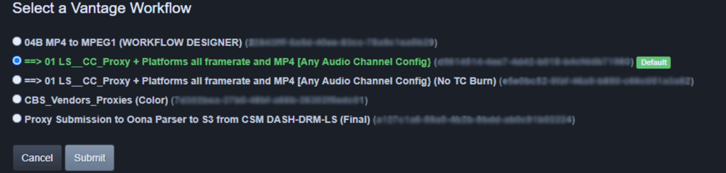 Image representing the choices of transcoding processes after selecting the Diskover File Action > submit to Vantage plugin.