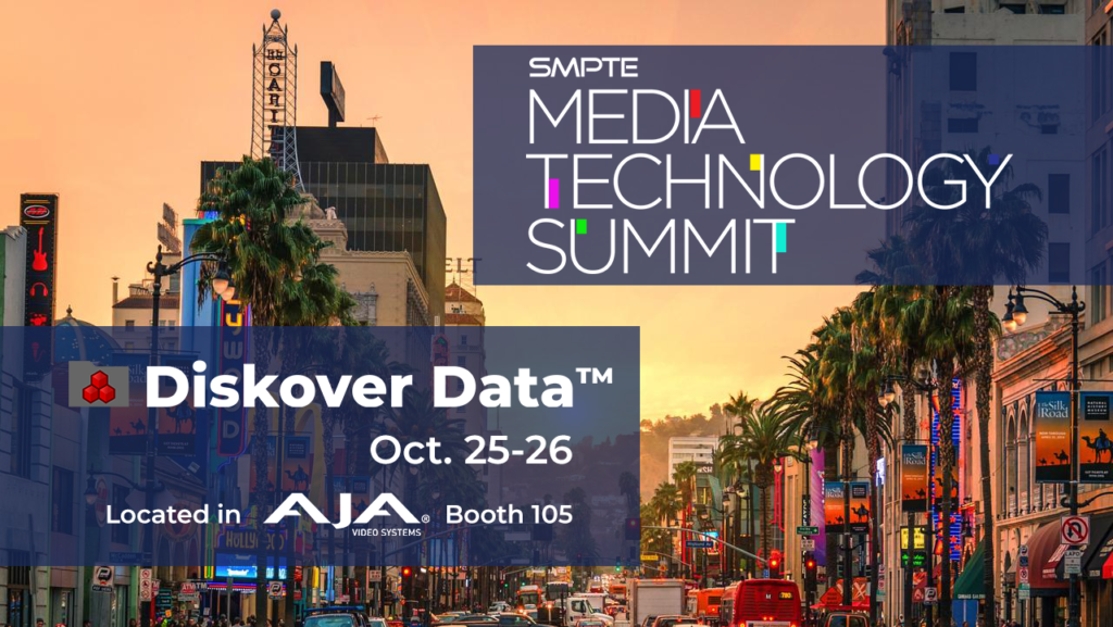 Image used as a header to announce that Diskover Data will be attending SMPTE October 25 and 26, 2022 and will be located in the AJA Video Systems booth #105.