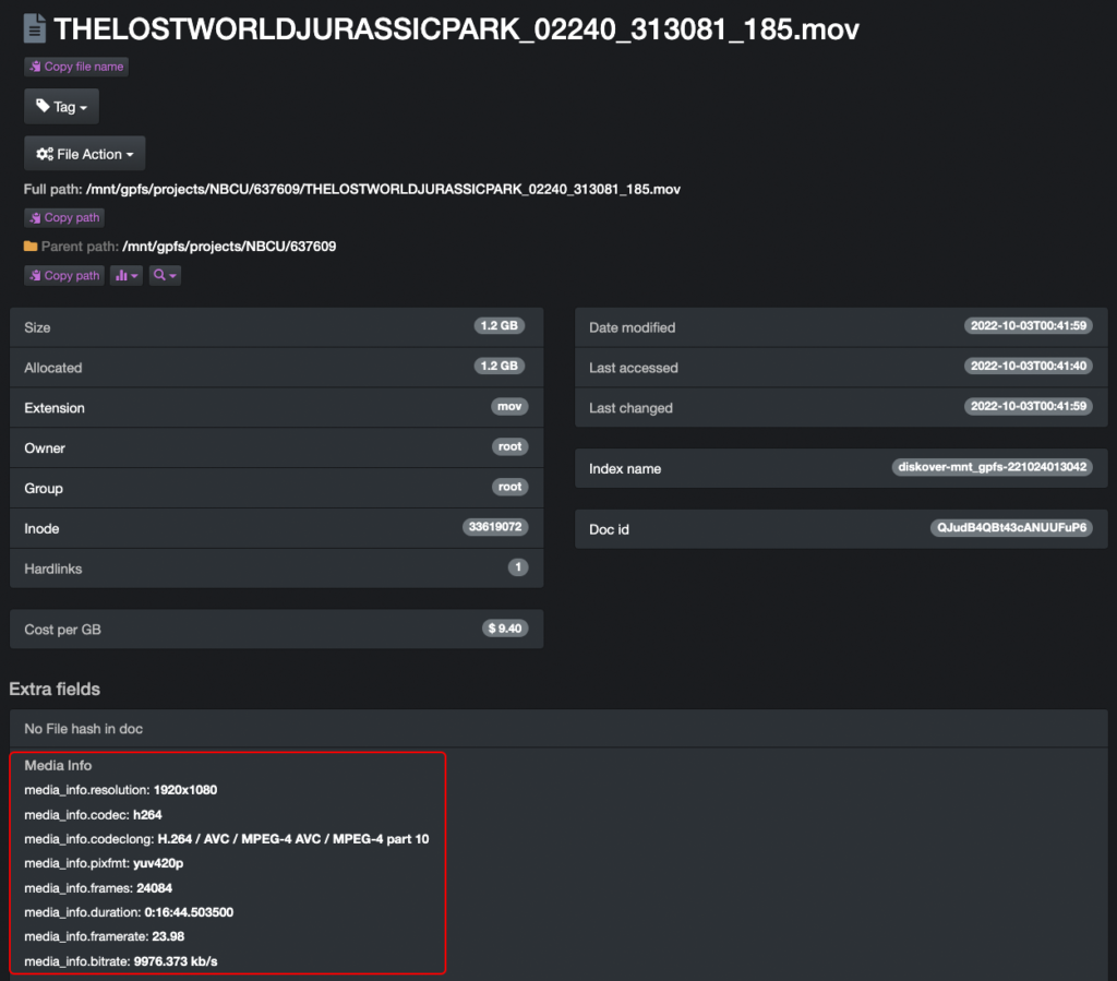 Screenshot of Diskover file attributes showing an example of media metadata collected during indexing when using the AJA Diskover Media Edition, ex: resolution, codec, duration, etc.