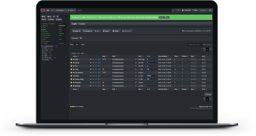 Image of a laptop with Diskover file search page part of the Diskover Data Management Solution