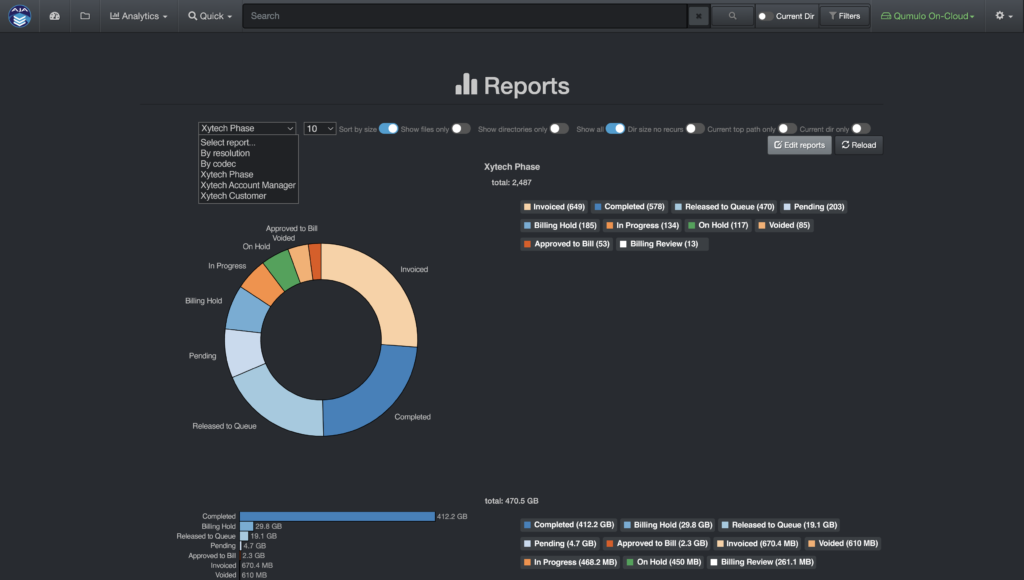 Example of customized Reports within Diskover using order phase attributes harvested from Xytech Order Status Plugin available with the AJA Diskover Media Edition, giving business context for granular results.