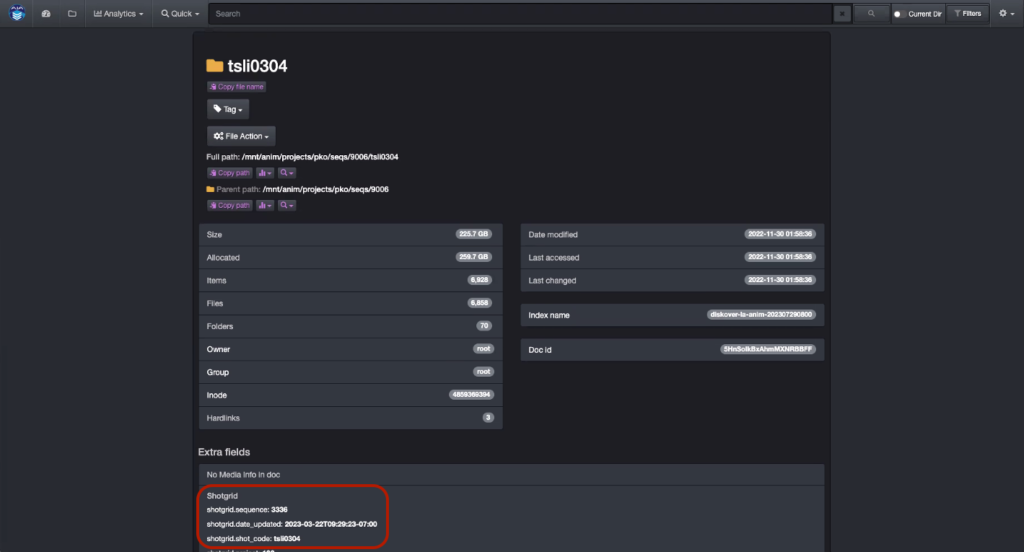 Diskover's attributes window shows partial Autodesk ShotGrid attributes indexed. Diskover can index 100 attributes from ShotGrid giving business context for data findability, analysis, and workflow.