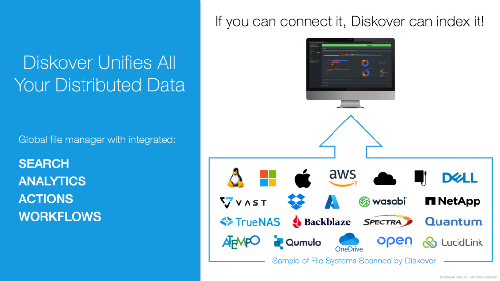 Out of the box, Diskover scans generic filesystems. However, customers can store files electronically in a variety of repositories part of complex architectures. The goal of the alternate scanners listed on this page is for Diskover to index any locations where files may be stored. To achieve this, Diskover provides the foundation for building alternate scanners to index such repositories.