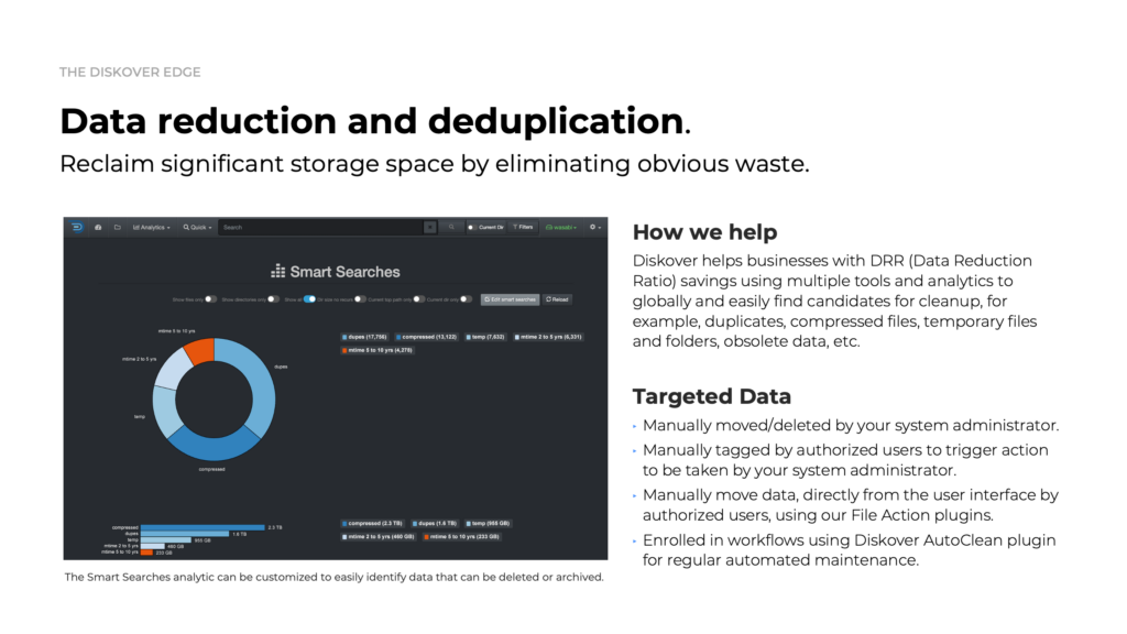 Diskover data reduction and deduplication, reclaim significant storage space by eliminating obvious waste like duplicates, compressed files, obsolete files, cached/temporary files, etc.